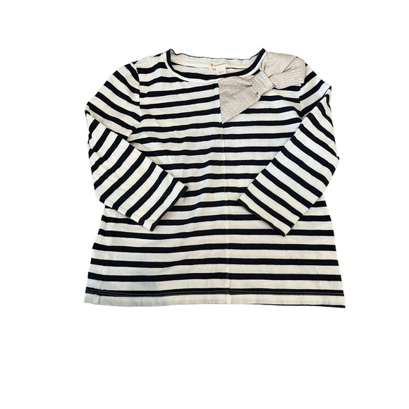 Crewcuts Navy/White Striped Top with Gold Crinkle Bow - Size 6/7 Girls - Picture 2 of 8